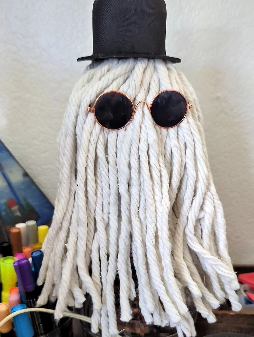 Halloween Cousin It with Top Hat, White & Black
